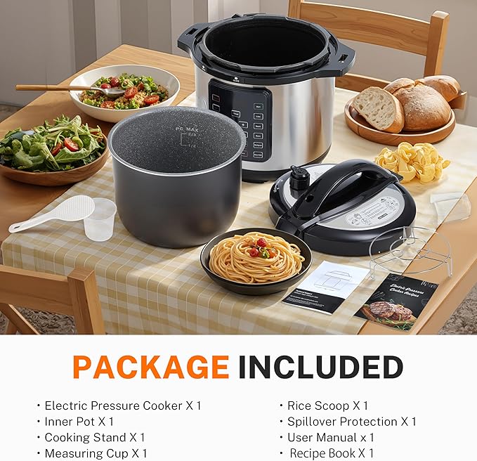 Simple Deluxe 16-in-1 Electric Pressure Cooker, 8QT Stainless Steel & Non-Stick Multi Cooker for Slow Cook, Meat Stew, Cake, Porridge, Multigrain, Dishwasher Safe, Silver
