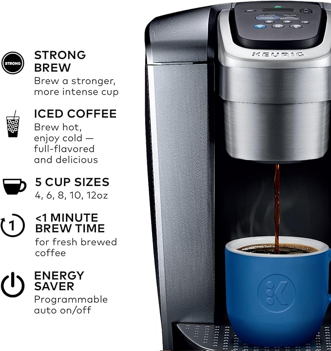 Keurig K-Elite Single Serve K-Cup Pod Coffee Maker, with Strength and Temperature Control, Iced Coffee Capability, 8 to 12oz Brew Size, Programmable, Brushed Silver