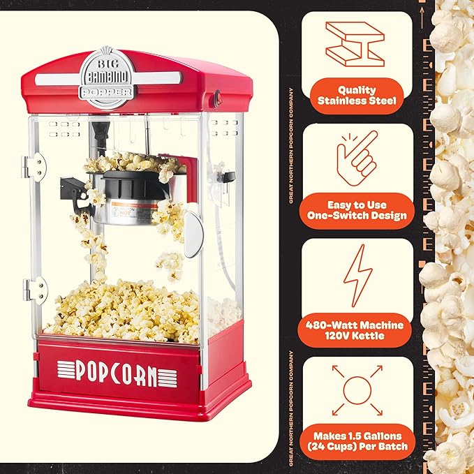 Popcorn Machine - Big Bambino Old Fashioned Popcorn Maker With 4-Ounce Kettle, Measuring Cups, Scoop, and Serving Cups by Great Northern Popcorn (Red)