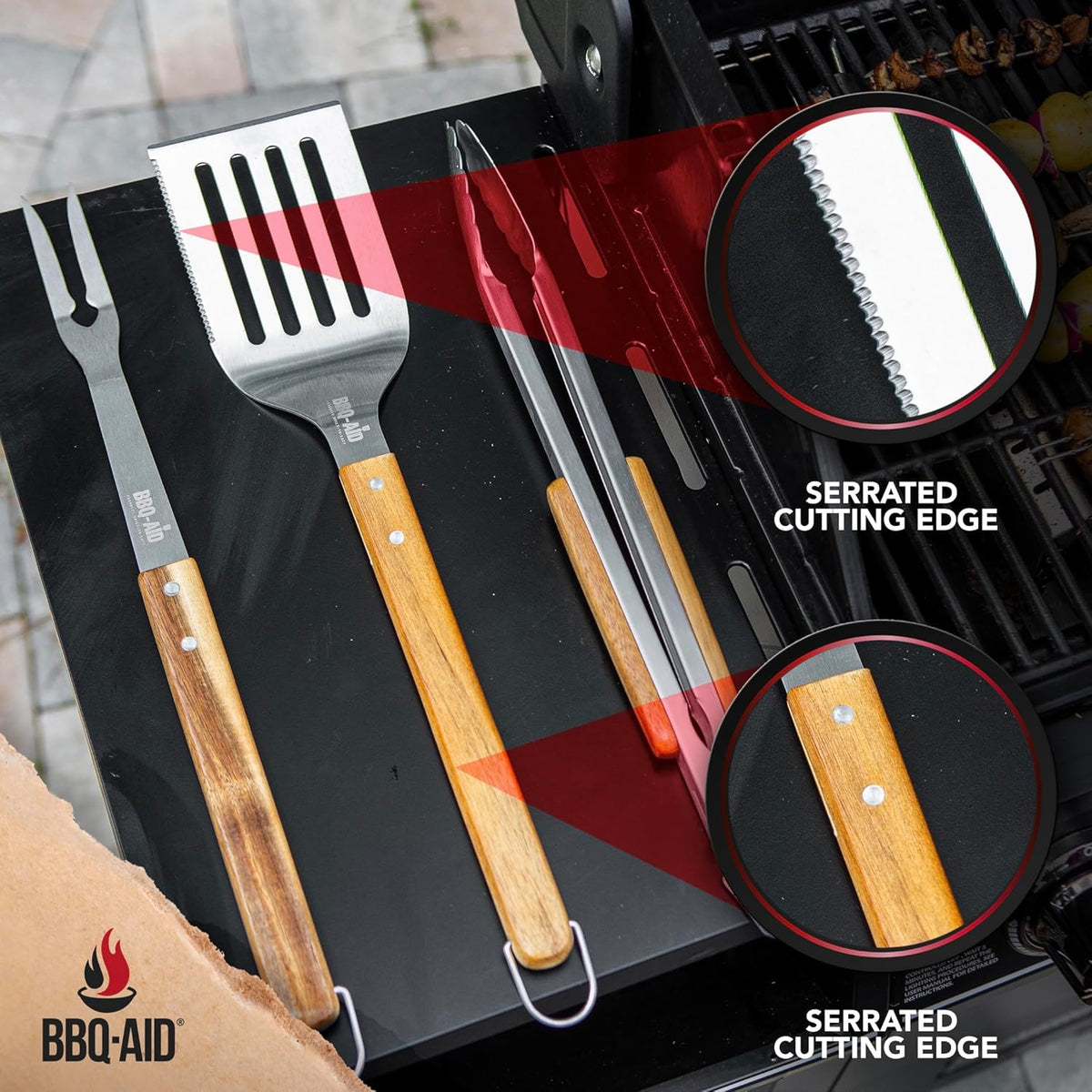 3 Piece BBQ Grilling Accessories Set - BBQ Tongs Spatula Fork Set - Heavy Duty Stainless Steel Barbecue Grill Tools with Solid Hard Wood Handles Great Gift Set