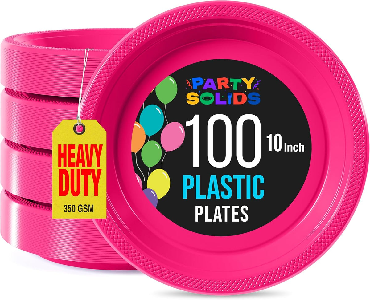 Exquisite Party Solids Hot Pink Plastic Plates For Party 10" Hot Pink Disposable Plates Heavy Duty Supplies 100 Pcs Plastic Dinnerware Sets Heavy Duty 350 GSM Disposable Dinnerware Set