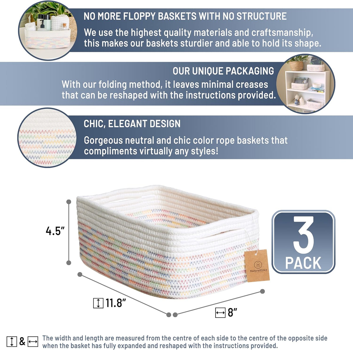NaturalCozy 11.8"x8"x4.5” Rectangle Storage Baskets for Shelves 3 Pack | Cotton Rope Woven Small Baskets for Organizing | Small Storage Bins for Nursery, Bathroom, Closet, Shelf, Decorative, Gift