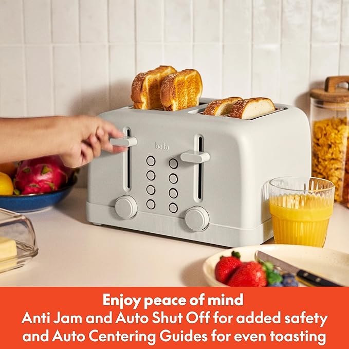 bella 4 Slice Toaster, 6 Setting Shade Control with Reheat & Cancel Buttons, Removable Crumb Tray, Anti Jam & Auto Shutoff, 900 Watt, Oatmilk