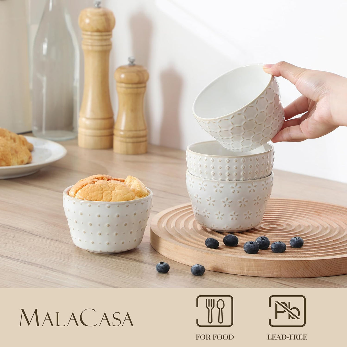 MALACASA Small Dessert Bowls 8 oz, Ice Cream Bowls, Dipping Sauce bowls,Ceramic Bouillon Soup Cups or Certain Side Dishes, Microwave & Dishwasher Safe, Set of 4, Arctic White, Series LYDIA