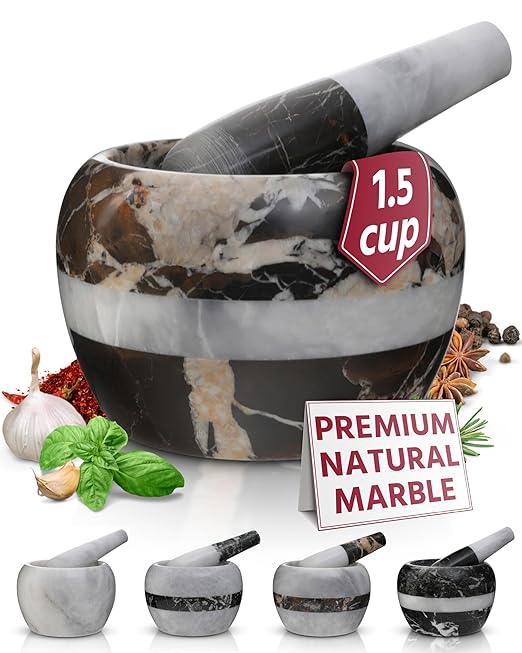 Gusto Nostro Natural Marble Mortar and Pestle Set Small| 4 Inch - 1.5 Cup | Mini Mortar Pestle Set for Grinding Herbs, Nuts, Grains | Pesto Grinding and Guacamole Stone Bowl | Marble Spice Crusher