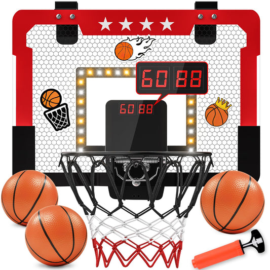 Indoor Basketball Hoop for Kids, Mini Basketball Hoop with Double Electronic Scoreboard and LED Light, Over The Door Basketball Gifts Toys for 5 6 7 8 9 10 11 12 Year Old Boys (West Red)