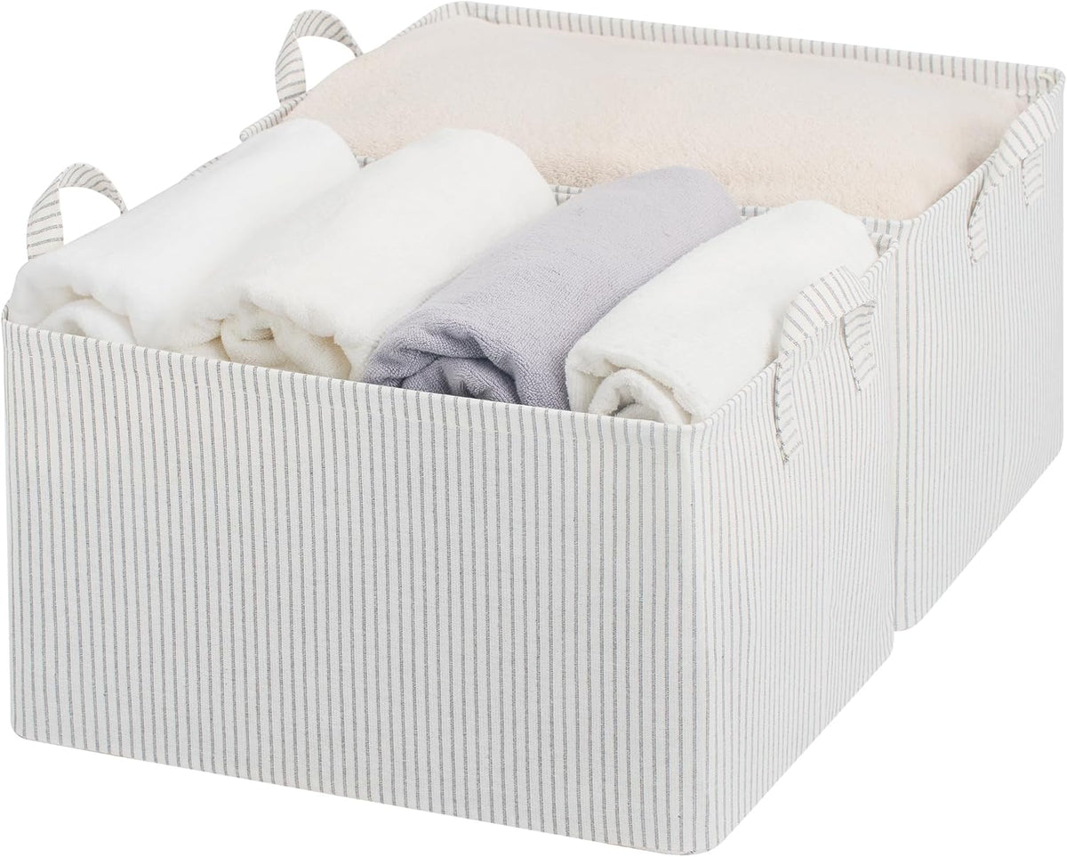 StorageWorks Storage Bins, Fabric Storage Bins for Shelves, Extra Large Storage Baskets with Metal Frame, Closet Baskets and Bins with Handles, Jumbo, Gray and White Stripes, 2-Pack