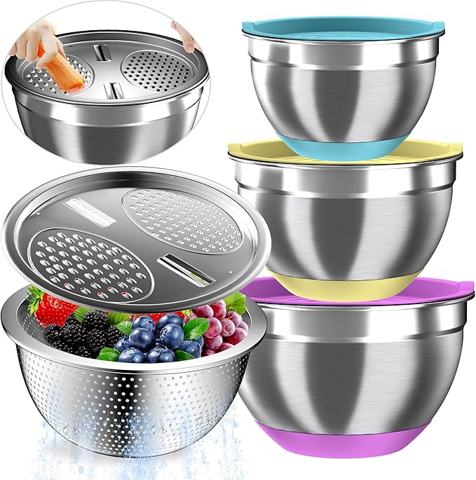 Nicdiet Mixing Bowls with Airtight Lids, Stainless Steel Mixing Bowl Set with 3 Metal Nesting Bowls, Colander & Grater, Non-Slip Bottoms, Size 1.5, 2.5, 5 QT, Great for Mixing & Serving, Mutilcolor