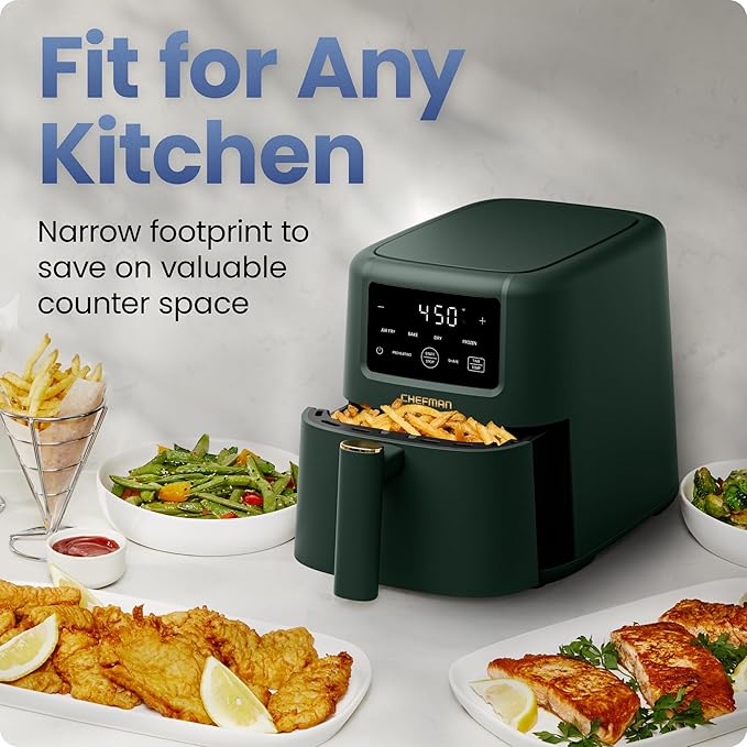 Chefman Air Fryer – 4-in-1 Slim 3.5 QT Airfryer, Air Fry, Bake, Dehydrate, Frozen, 450°F Max Temp for Extra Crispy Results in Minutes, Nonstick Ceramic Coating, Dishwasher-Safe Accessories - Green
