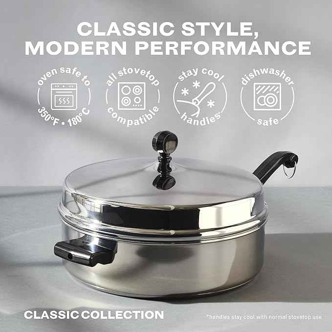 Farberware Classic Series Anniversary Edition Stainless Steel Sauté Pan and Lid with Helper Handle, Induction Suitable, 6 Quart Jumbo Cooker, Metal Utensil Safe - Stainless Steel