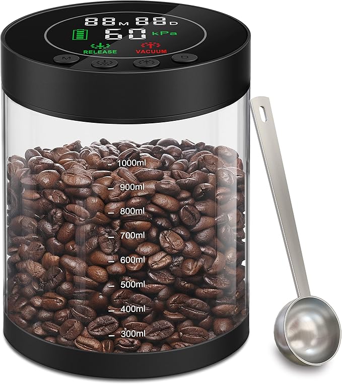 Electric Vacuum Coffee Canister, 1.3L Glass Airtight Food Storage Containers with Smart Pressure Sensor, Automatic Coffee Bean Container Rechargeable with LED Display Window for Kitchen Food Storage