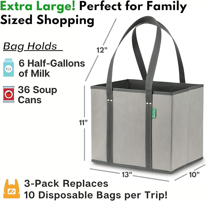 Creative Green Life Reusable Grocery Bags (3 Pack) – Heavy Duty Reusable Shopping Bags with Box Shape to Stand Up, Stay Open, Fold Flat – Large Tote Bags with Long Handles & Reinforced Bottom (Gray)