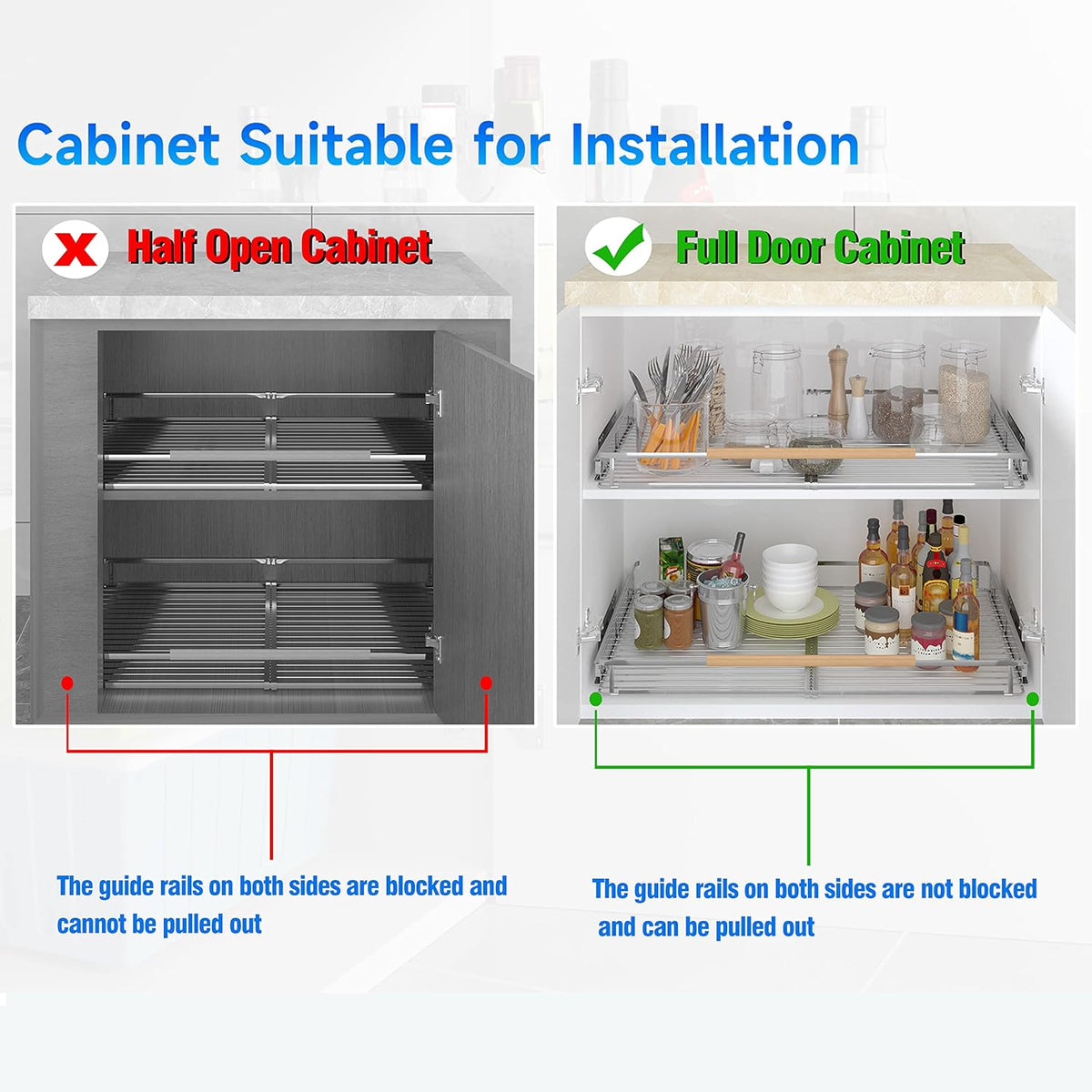 2Pack Expandable Pull Out Cabinet Organizer, 17.1~28"W x 22.5"D Heavy Duty Slide Out Shelves Adjustable Height Cabinet Pull Out Shelves,Expandable Width Spice Rack Organizer for Kitchen