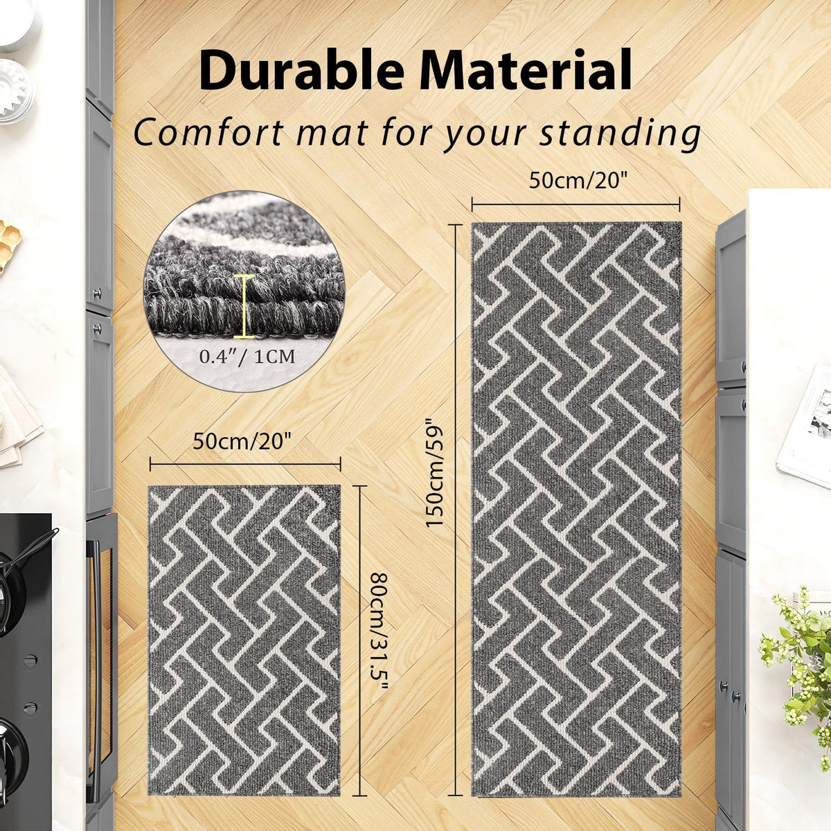 hicorfe Kitchen Rugs and Mats Sets,Non-Slip 2 Pieces Absorbent 100% Polypropylene Rug,Comfort Kitchen Runner Mat,Washable for Kitchen,Sink,Laundry(20" x 31.5" Plus 20" x 59",Grey)