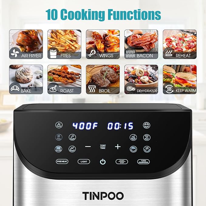 Air Fryer TINPOO 6.2 QT Oilless Large Capacity 1500W Oven Air Fryers Healthy Cooker with 10 Preset, Visual Cooking Window, Non-Stick Basket