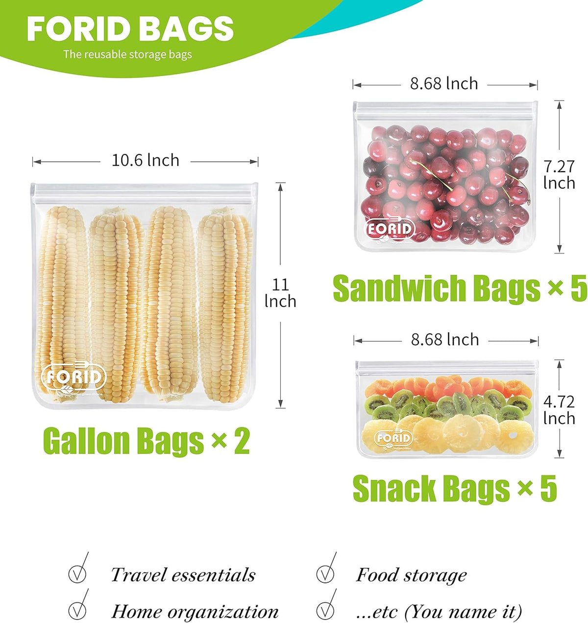 FORID Reusable Storage Bags, 12 Pack Extra Thick Freezer bags (2 Reusable Gallon Bags, 5 Reusable Sandwich Bags, 5 Reusable Snack Bags) FDA Grade LEAKPROOF Lunch Bag for Food Travel Items Storage