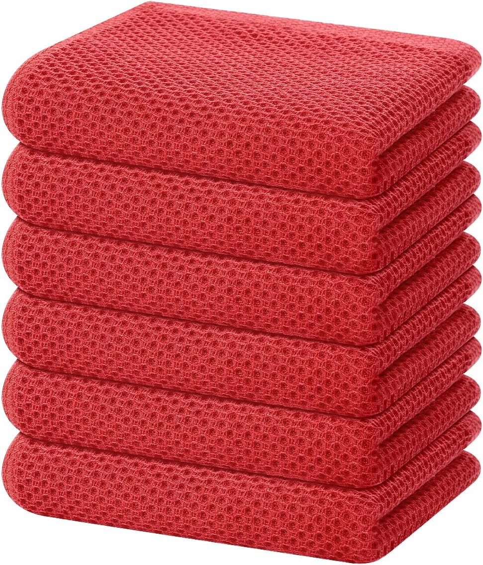 Homaxy 100% Cotton Waffle Weave Kitchen Dish Towels, Ultra Soft Absorbent Quick Drying Cleaning Towel, 13 x 28 Inches, 6-Pack, Brick Red
