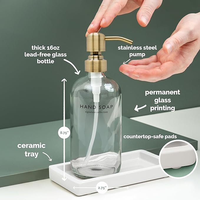 Vine Creations Glass Soap Dispenser Set, Kitchen Soap Dispenser Set with Ceramic Tray, 16 oz Dish Soap and Hand Soap Dispensers with Stainless Steel Pump Decor (Clear Bottle/Brushed Brass)