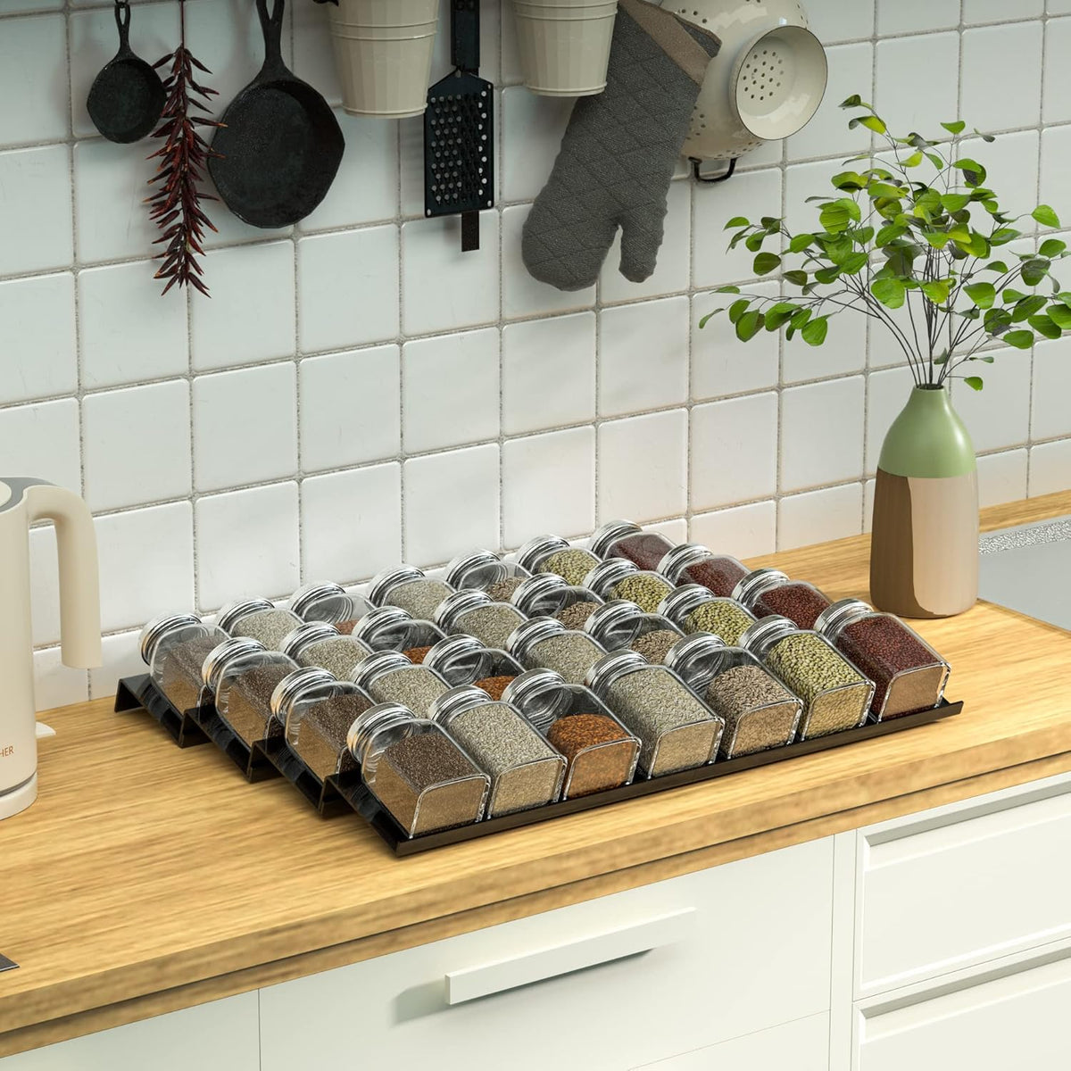 Acrylic Spice Drawer Organizer Rack Adjustable From 12 Inch to 24 Inch Wide, 4 Tier Spice Organizer Shelf for Kitchen Drawer Display, Kitchen Spice Rack Tray for Drawer