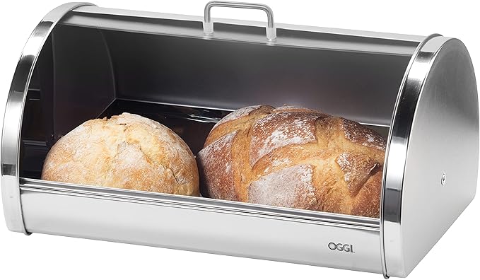Oggi Stainless Steel Roll Top Bread Box for Kitchen Countertop with Frosted Plexilass Lid - Fits Multiple Loaves of Bread and Other Freshly Baked Goods Including Cookies, Bagels, Muffins