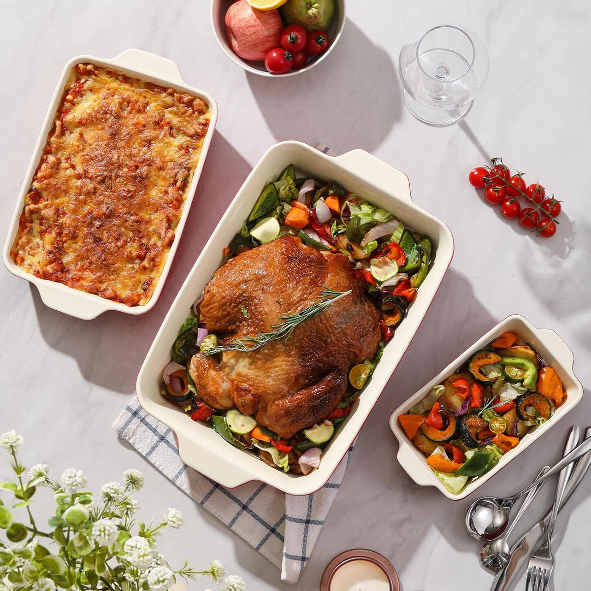 DOWAN Casserole Dishes for Oven, Set of 3 Rectangular Ceramic Baking Dishes, 135 oz Capacity, Red (15.6''/12.2''/8.9'')