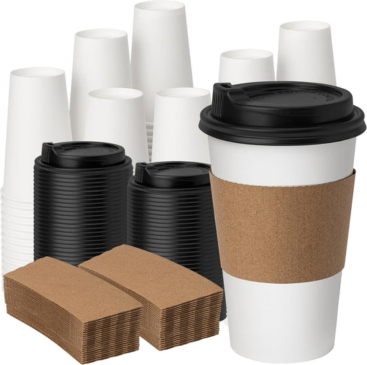 YEEHAW 16 oz 100 Pack Disposable Paper Coffee Cups with Lids & Sleeves, To Go Hot Cups for Coffee, Hot Beverage Drinking Cup, Ideal for Cafes, Bistros