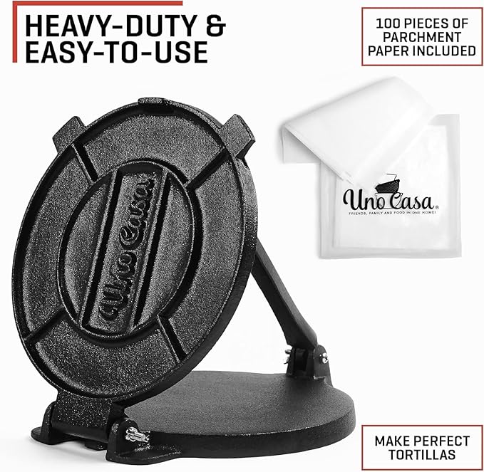 Uno Casa Cast Iron Tortilla Press 8 Inch - Tortilla Maker Press, Pre-Seasoned Roti Maker with 100 Pcs Parchment Paper - Heavy Duty Quesadilla Maker for Homemade Flatbreads, Rotis, Empanadas