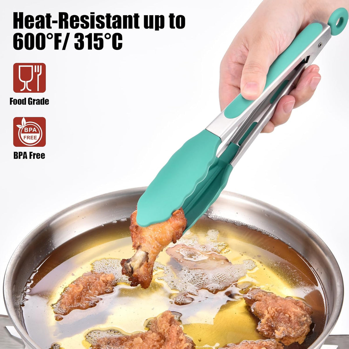 Doosu Kitchen Tongs for Cooking - 600°F Heat Resistant Food Tong with Non-Scratch Silicone Tips, Heavy Duty Stainless Steel Locking Tong for BBQ, Grilling Steak, Serving Salad, Pasta (9in, Aqua Sky)