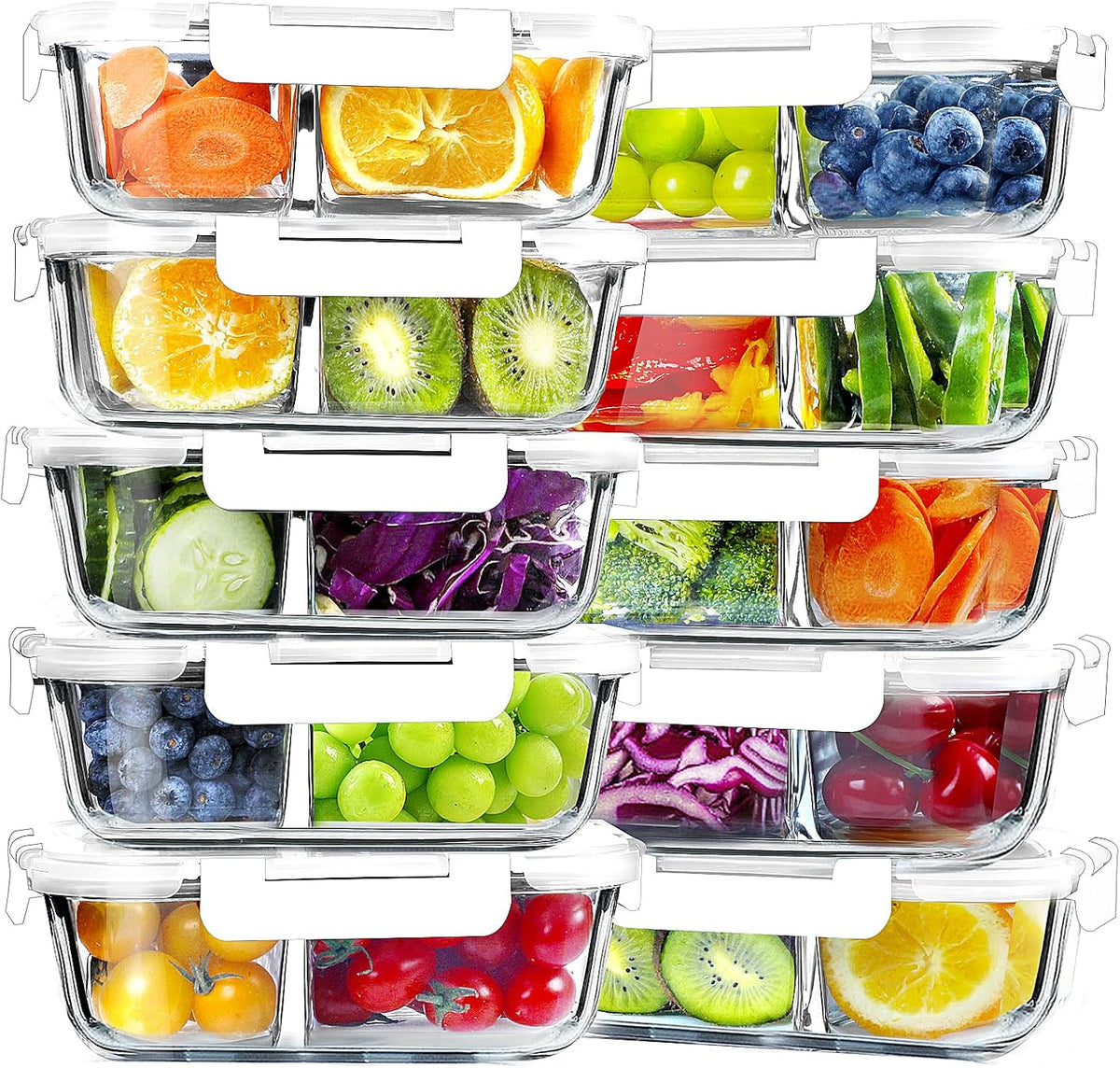 VERONES 10 Pack Glass Meal Prep Containers 2 Compartment Set, 30 OZ Airtight Glass Lunch Containers, Food Storage Containers with Lids, for Microwave, Oven, Freezer & Dishwasher Friendly，White