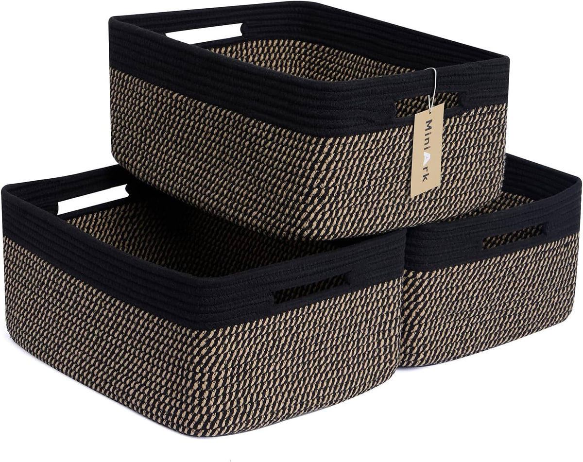 Large Storage Baskets for Shelves, Closet Organizers Bins for Clothes Blanket Towels, Baby Nursery, Toy Baskets Box, Woven Rope Baskets, 17 x 13 x 7.5”, 3 Packs Woven Brown