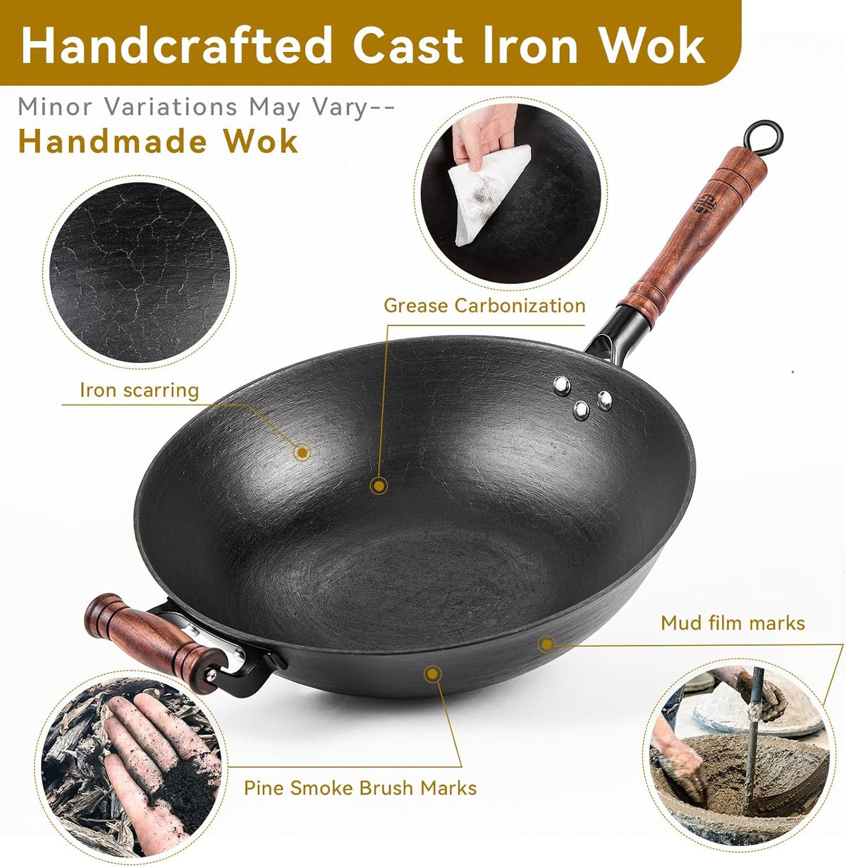 WANGYUANJI 12.6 Inch Cast Iron Wok with Glass Lid – Flat Bottom Stir Fry Pan,Handcrafted Iron Cookware for Induction, Gas & Electric Stoves, Black