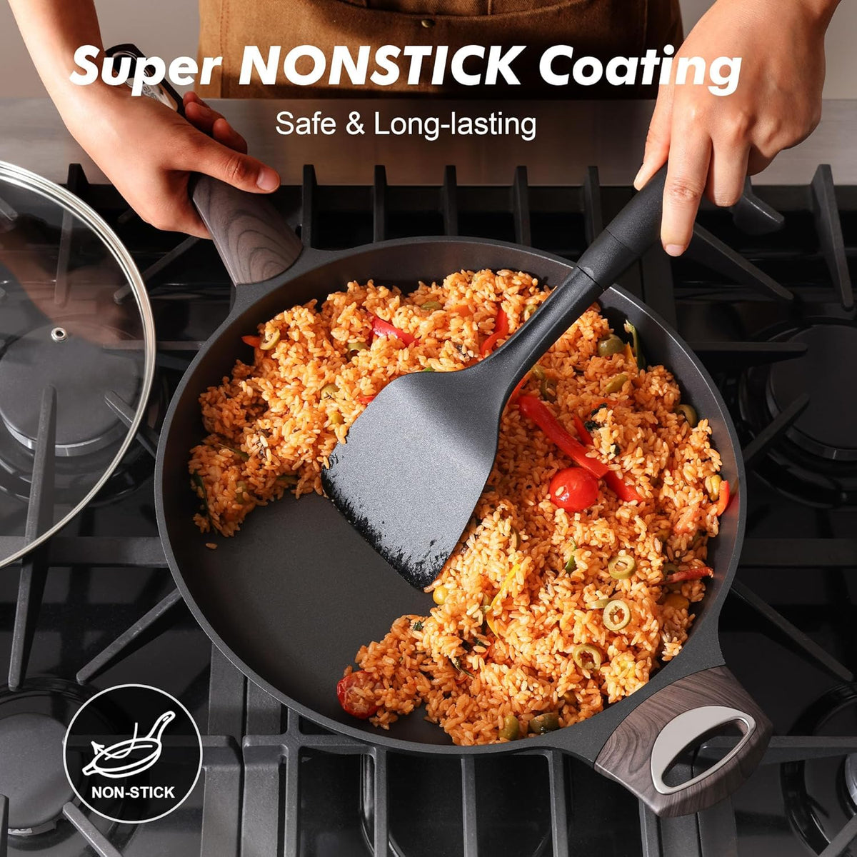 SENSARTE Ceramic Nonstick Frying Pan Skillet with Lid, 12.5 Inch Non Stick Pan Omelette Pans, Healthy Kitchen Cooking Chef's Pan, Free of Intentionally Added PFOA/PFOS, Induction Compatible, Black