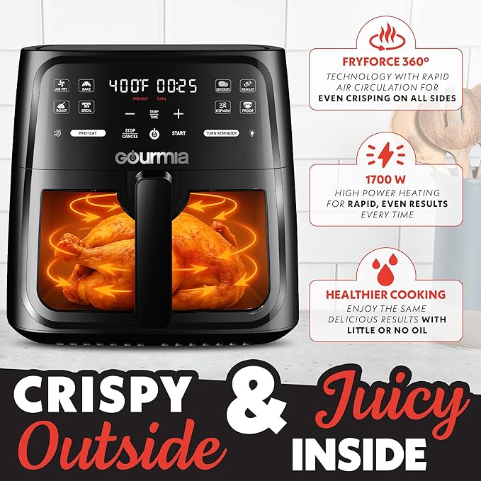 Gourmia 8 Qt Air Fryer, 8 Presets with Digital Display, FryForce 360° Technology, Easy View Window & Interior Light, Dishwasher Safe Basket, Black