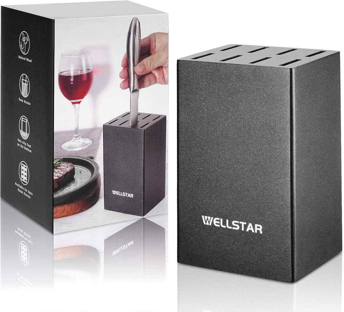 WELLSTAR 5-Inch Steak Knife Holder Only– Wooden Knife Block with 8 Slots (No Knives Included) – Compact, Space-Saving Design for 5" Steak Knives – Sturdy Wood Storage Organizer