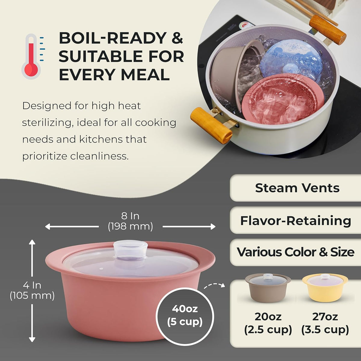 40oz Platinum Silicone Microwave Steamer Pot with Handle & Lid - Korea 100% Food-Grade Steamer Bowl, Heat-Resistant Cooker with Steam Holes, Easy Clean, Dishwasher Safe, Dry Rose
