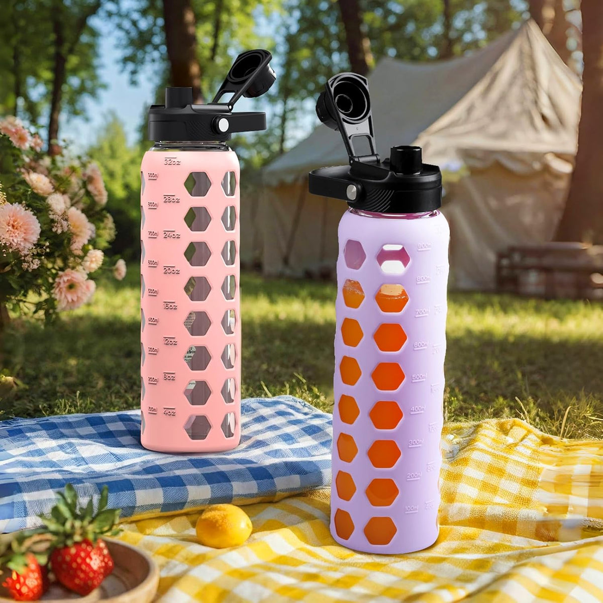 MUKOKO Glass Water Bottles, 32oz Glass Tumbler with Straw, Drinking Bottles with 2 Lids-Handle Spout Lid&Bamboo Straw Lid, Motivational Water Bottle with Time Marker and Silicone Sleeve, 1 Pack-Purple