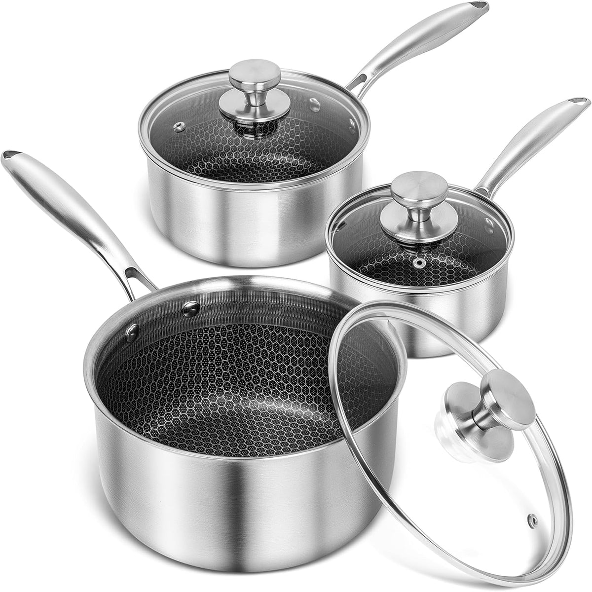 MICHELANGELO Stainless Steel Saucepan Set 1QT & 2QT & 3QT, Premium Triple Ply Sauce Pan with Lid, Sauce Pot with Honeycomb Interior - 6pcs