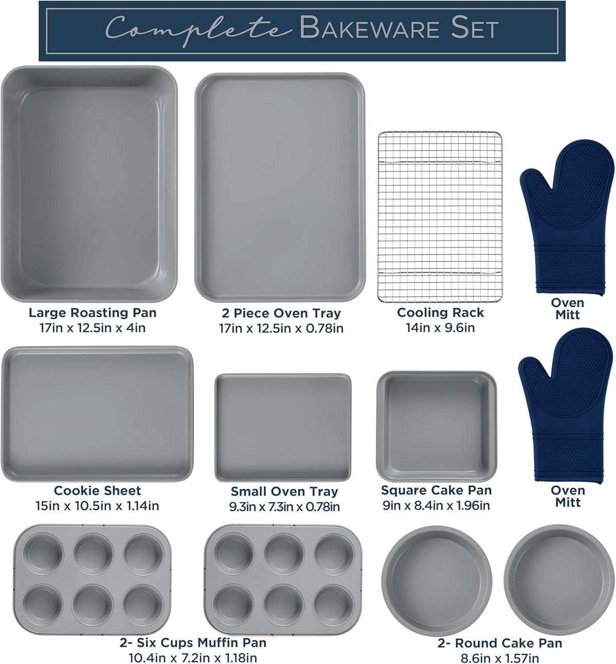 Country Kitchen Nonstick Stackable Bakeware Set - Deluxe Heavy Duty, Durable, Easy Release Baking Set, Denim, 13 Pcs