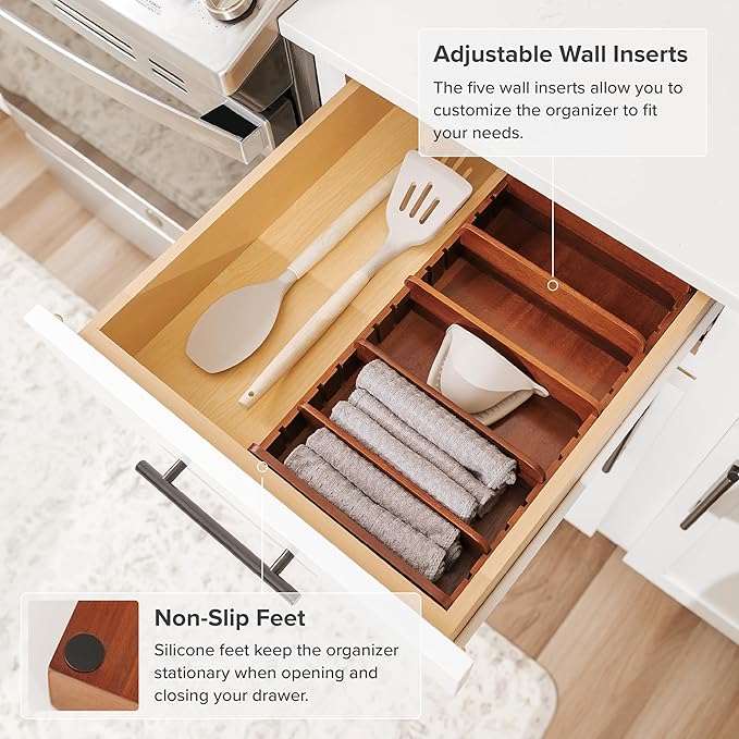 KitchenEdge Acacia Kitchen Towel and Storage Organizer, Perfect for Drawers, Cabinets, Pantry, 5 Adjustable Wall Inserts, Non-Slip Feet, Organize Containers, Food-Safe Finish
