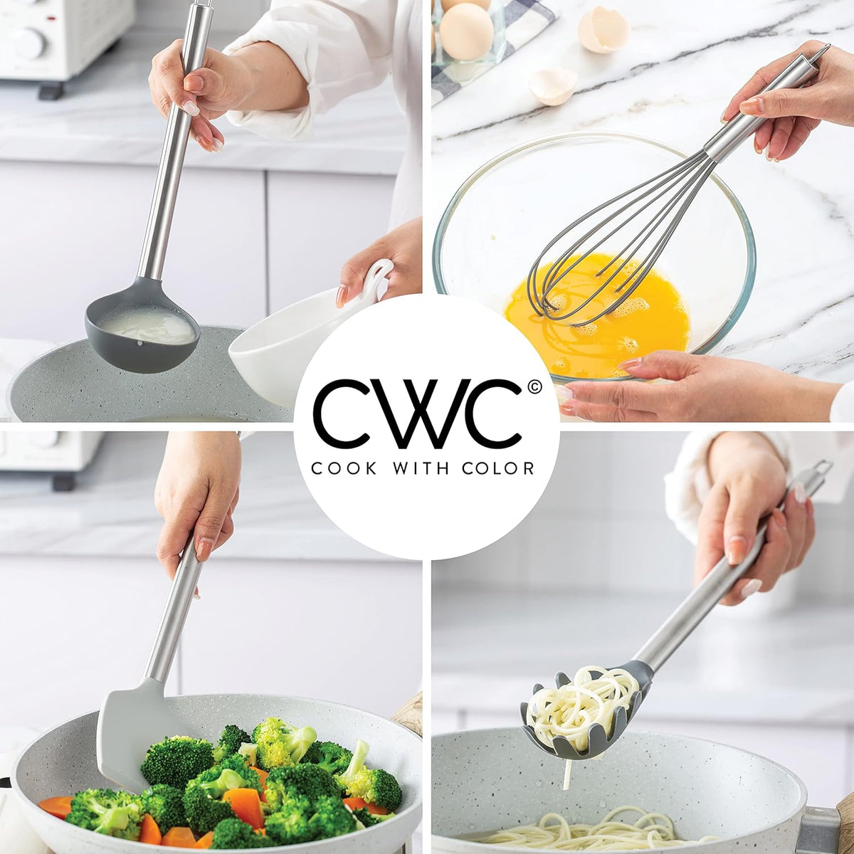 COOK WITH COLOR Silicone Cooking Utensils, Kitchen Utensil Set, Easy to Clean Silicone Kitchen Utensils, Cooking Utensils for Nonstick Cookware, Kitchen Gadgets Set, 10 Pieces, Grey Ombre