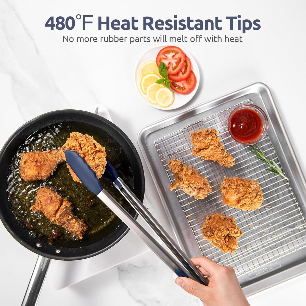 Heat Resistant Silicone Kitchen Tong: U-Taste 16 inch Extra Long Large 480ºF Hot Proof Cooking Tong with Sturdy Non Stick Rubber Tips & Non Slip Silicon Coated Steel Handle for Grill BBQ-Midnight Blue