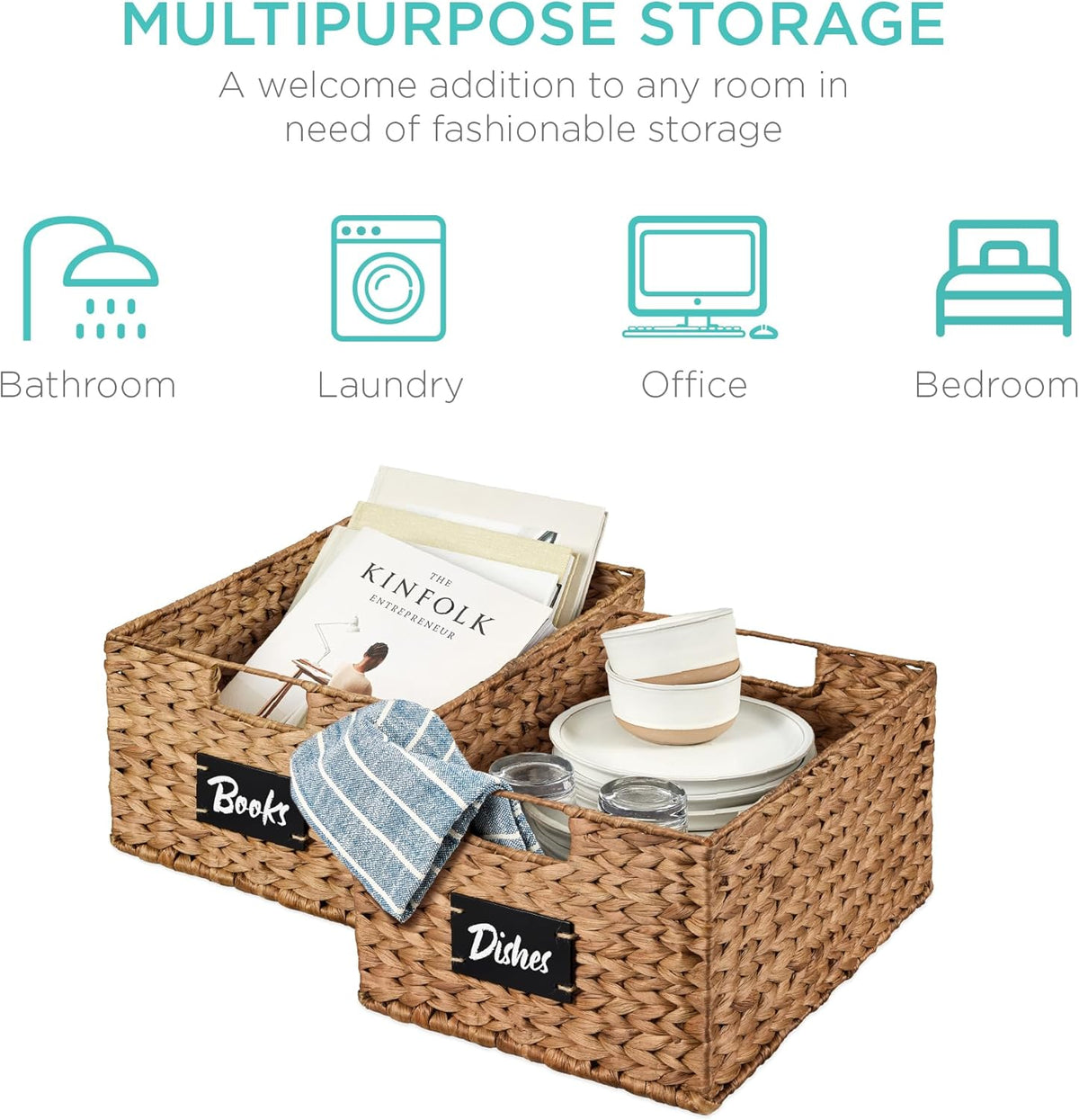 Best Choice Products Pantry Baskets Set of 2 16x12in Water Hyacinth Storage Baskets, Woven Wicker Kitchen Organizers with handles w/Chalkboard Label Chalk Marker - Chestnut
