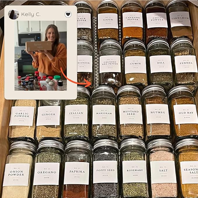 Glass Spice Jars with Labels with Metal Lids and Shakers Minimalist 36 Pack Set, 4oz Small Clear Empty Spice Bottles Seasoning Containers with Label Organizer Square Herb Seasoning Jars for Kitchen
