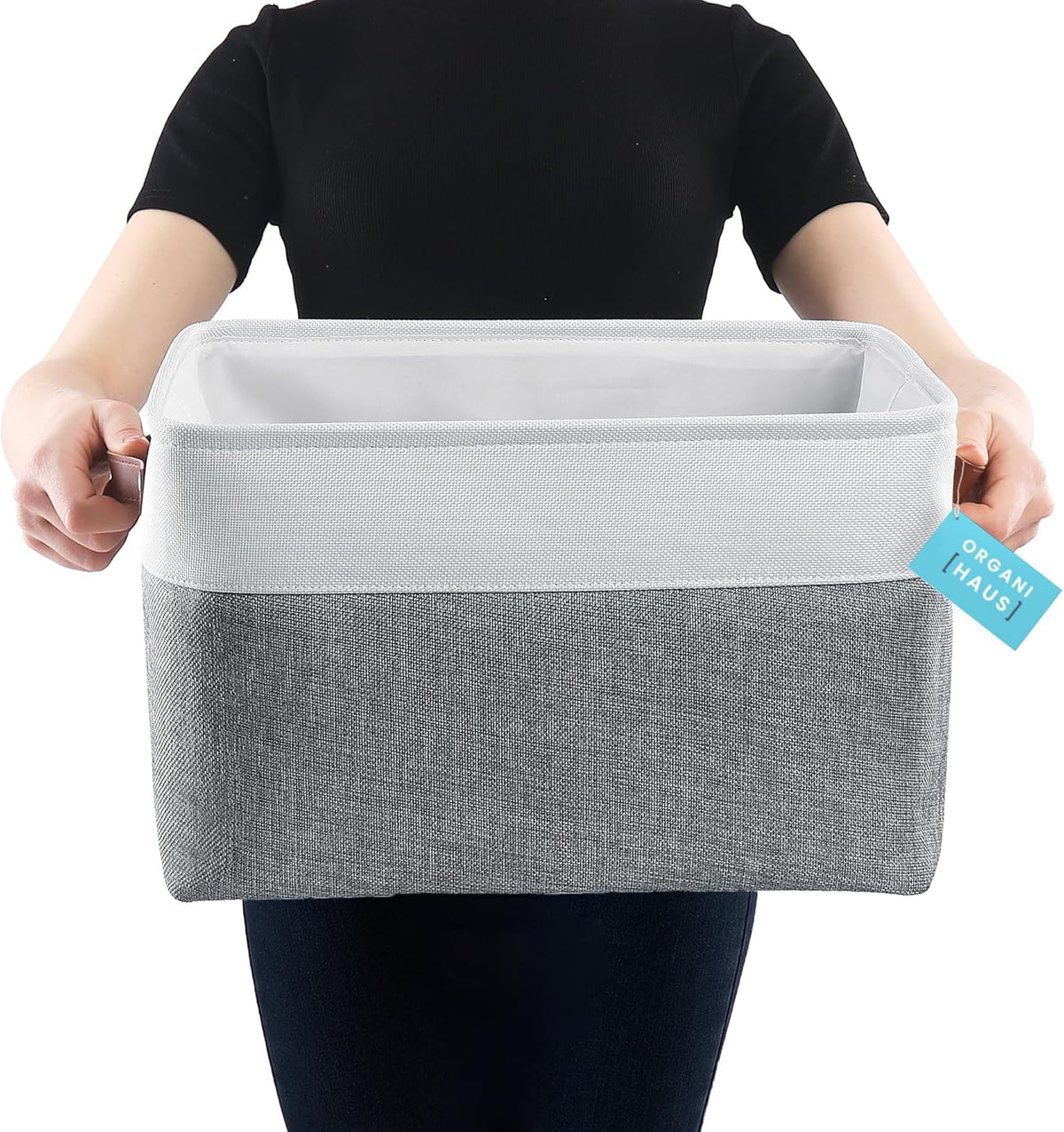 OrganiHaus Extra Large Fabric Storage Baskets for Shelves 3 Pack | 16x13in Closet Storage Bins for Shelves | Cloth Baskets for Organizing | Linen Closet Organizers | Fabric Storage Bin - Gray/White