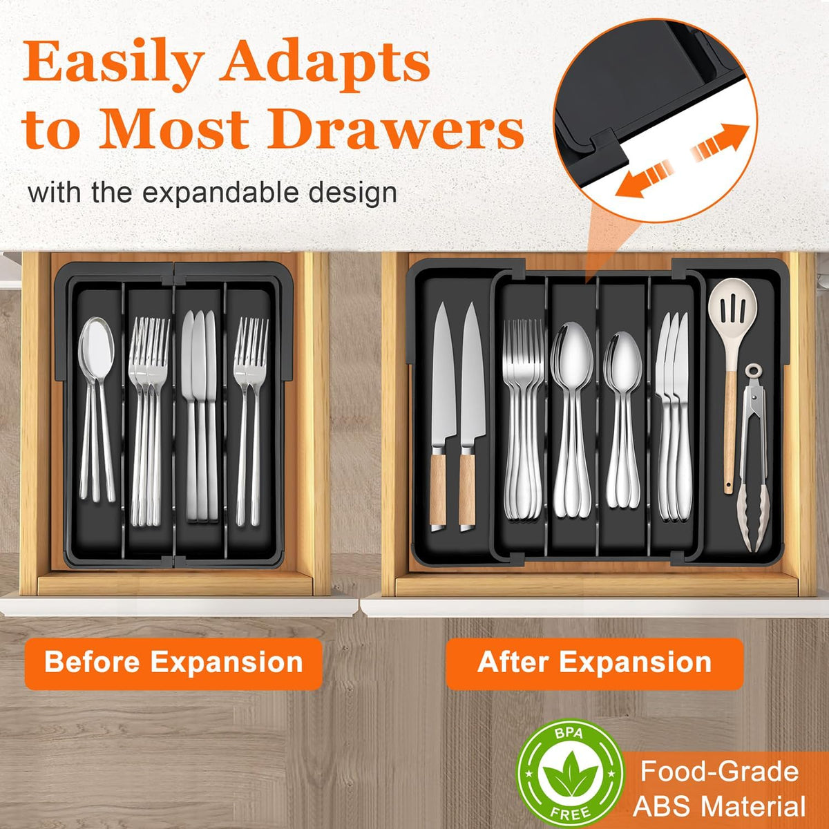 Kitchen Silverware Organizer for Drawer - Expandable Silverware Drawer Organizer Adjustable Utensil Drawer Holder, Flatware Cutlery Tray for Spoons Forks Kitchen Organizers Storage,Black,M