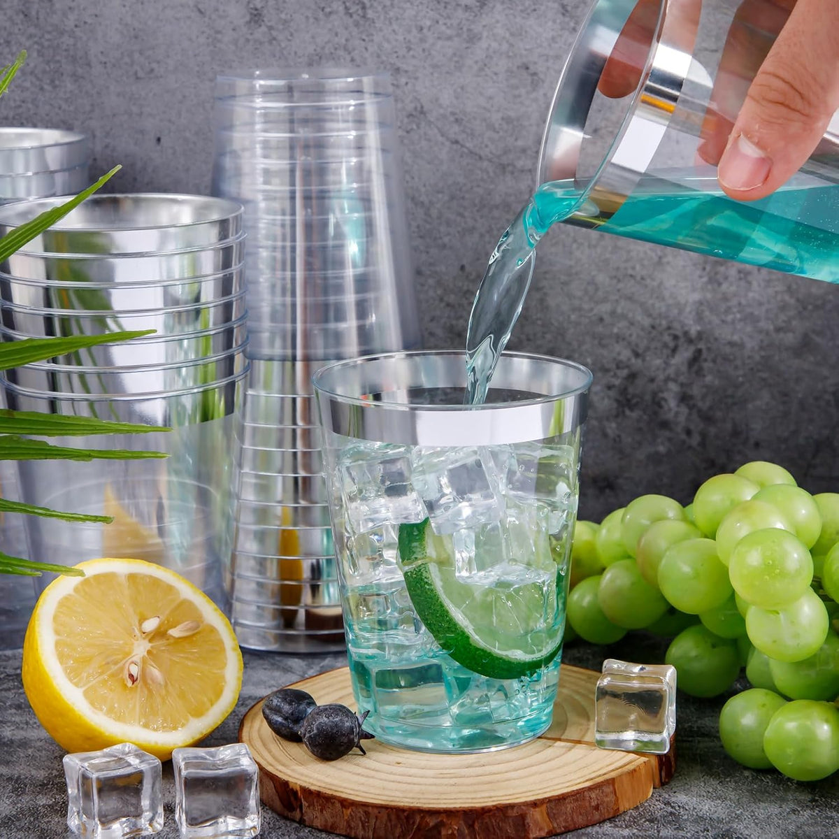 I00000 100PCs Silver Plastic Cups, 10 oz Clear with Silver Trim, Heavy-Duty Disposable Hard Plastic Cups for Party & Wedding