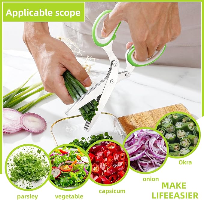 2025 Herb Scissors Set - Classic green 5-Blade Design with Cover and Comb - Skin-Friendly Handle for Comfortable Grip - Dishwasher Safe, Rust-Resistant Stainless Steel for Fresh Herbs