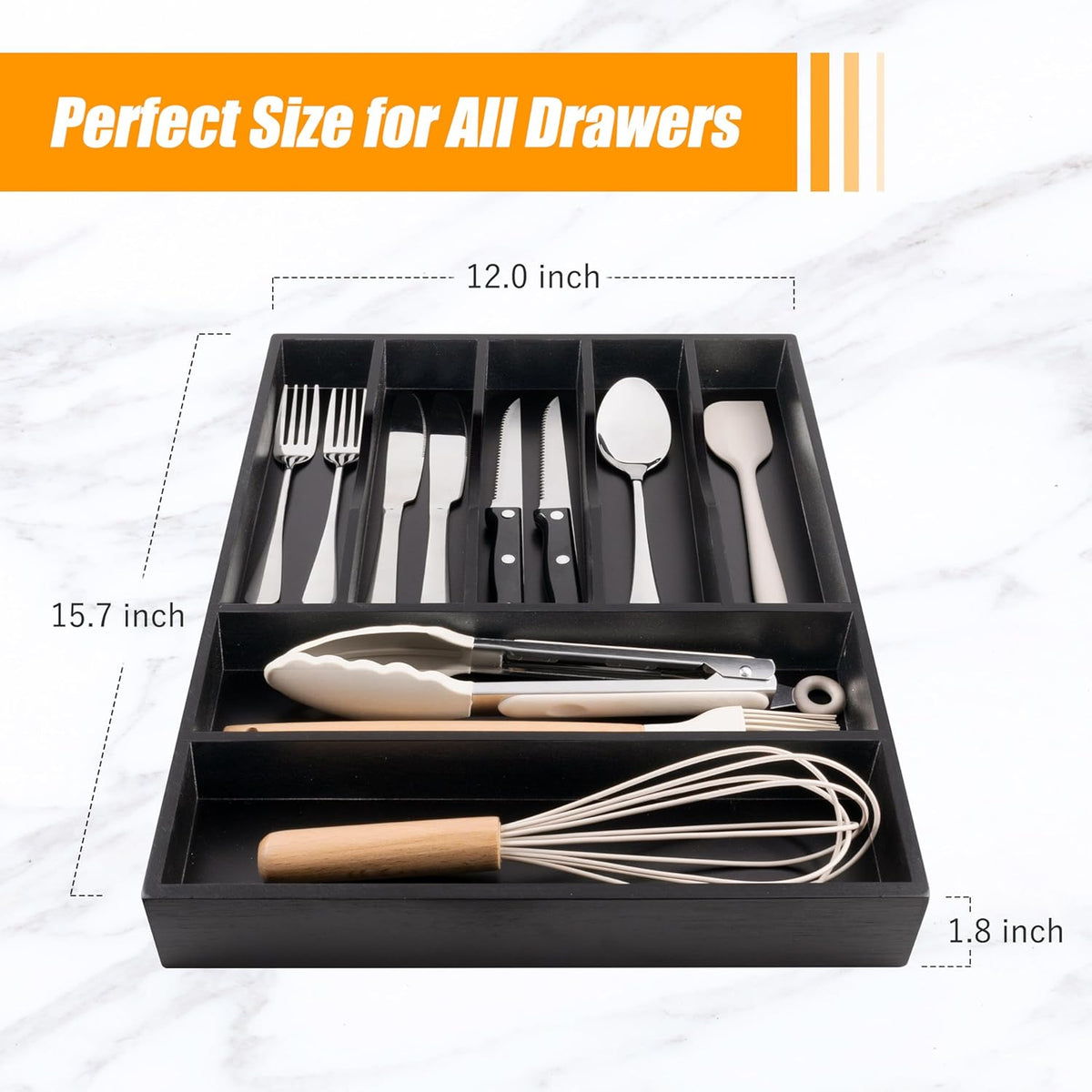 Bellsal Bamboo Silverware Drawer Organizer, Utensil Kitchen Drawer Organizer, Utensil Holder Cutlery Tray with Grooved Drawer Dividers for Kitchen Utensils and Flatware Bedroom Office (7 Slot, Black)