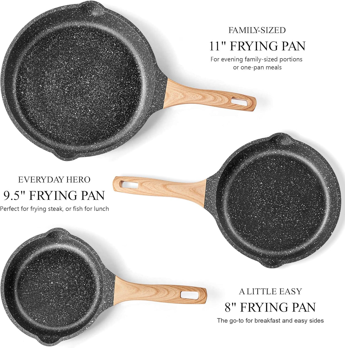 Non Stick Frying Pan Set - YIIFEEO Granite Skillet Set with 100% PFOA & PTFE Free, Induction Egg Omelette Pans for Cooking Pan Set, Cookware Set Nonstick Pots and Pans Set Gift for Women