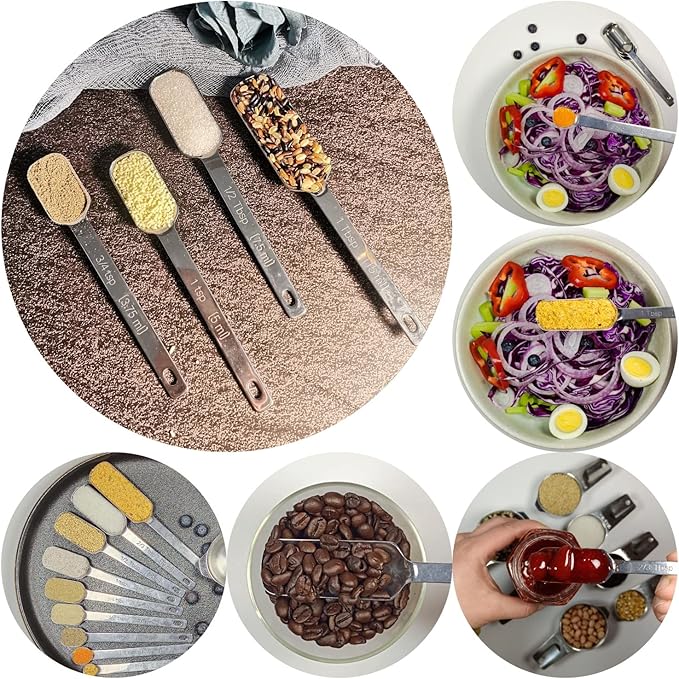 Measuring Spoons Set, 18/8 Stainless Steel Measuring Spoons, Heavy Duty Narrow Metal Measure Spoon with Long Handle, Metric & US Engraved Measurements Set 9 Fits in Spice Jars for Dry or Liquid
